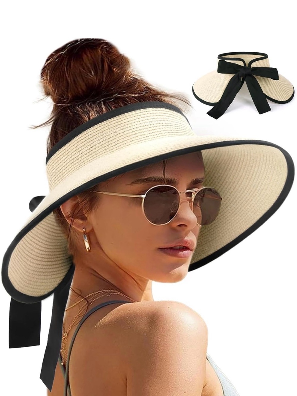 NWT Wide Brim Foldable Straw Visor Sun Beach Hat Packable Women Cream Black Trim